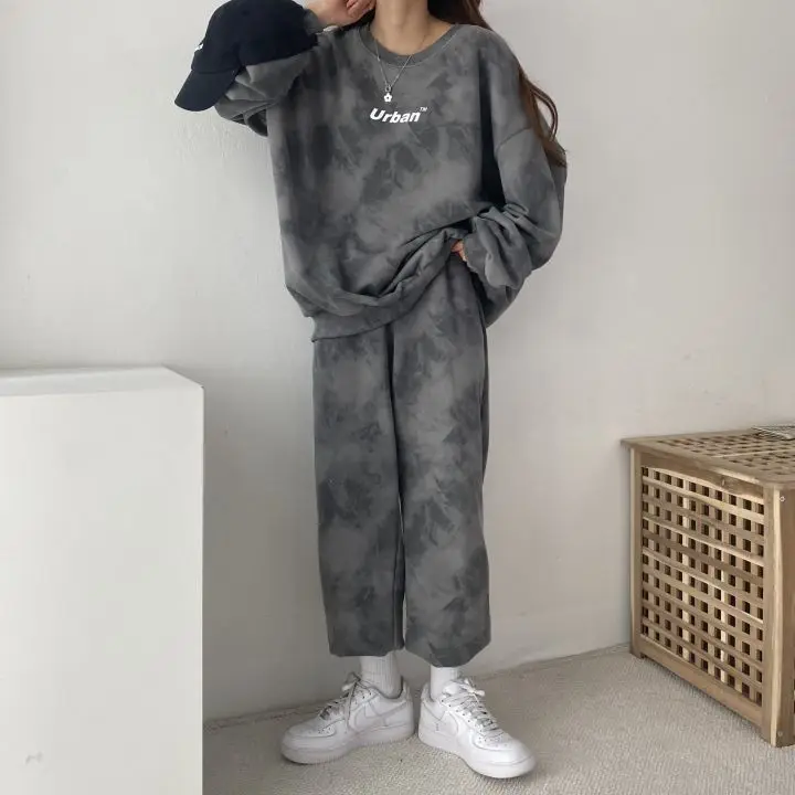 Women Suit Korean Retro Style Vintage Letter Tie Dye Print Casual Loose Sweatshirt O Neck Pullover Trousers