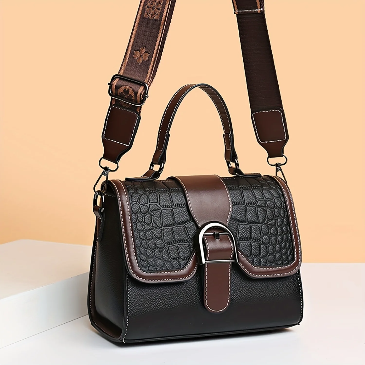 Vintage Crocodile Pattern Shoulder Bag - Top Handle Purse