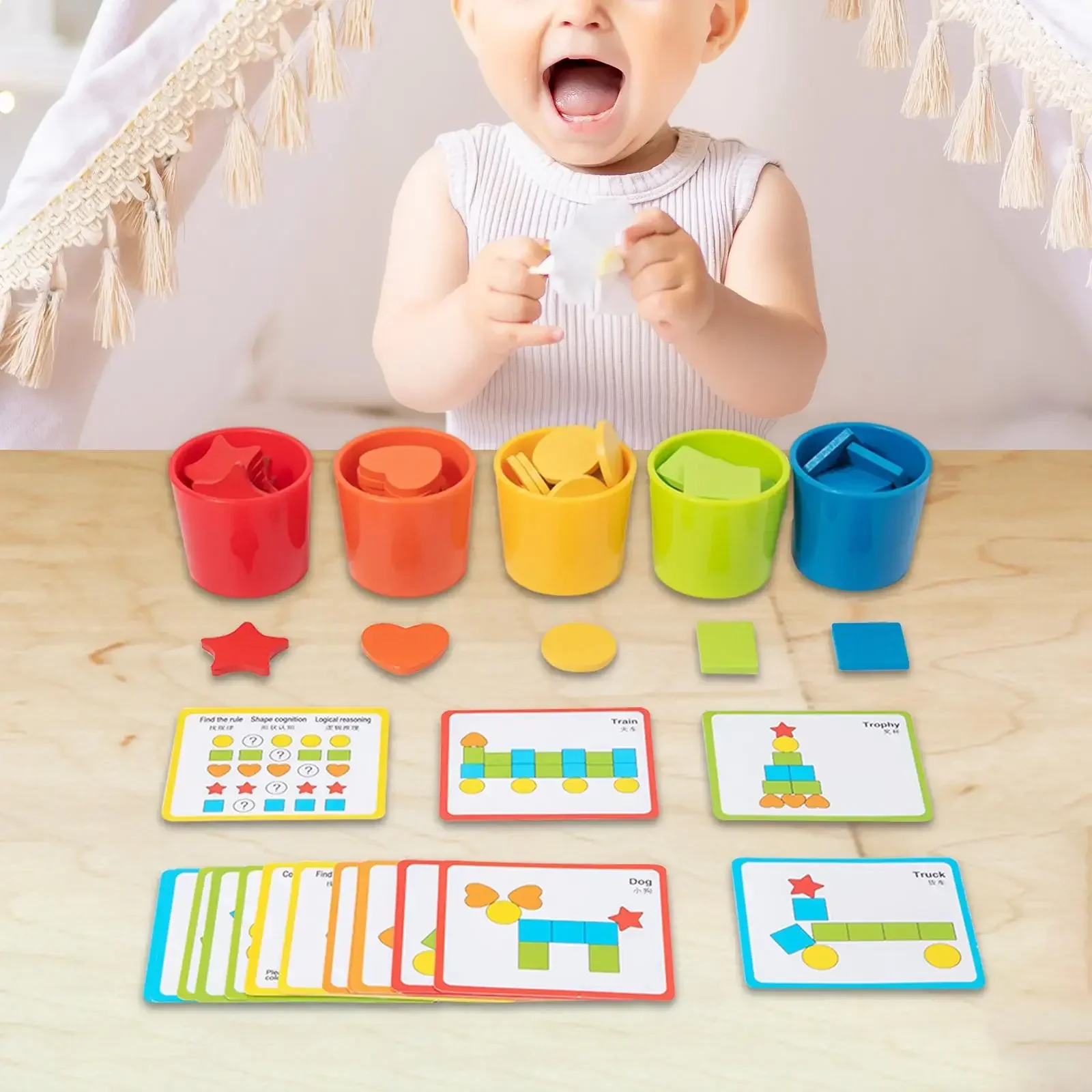 

2 in 1 Colors Shapes Sorting Matching Learning Toys Montessori Toy Wooden Sorting Cup for Boys and Girls Toddlers 2-5 Year Old