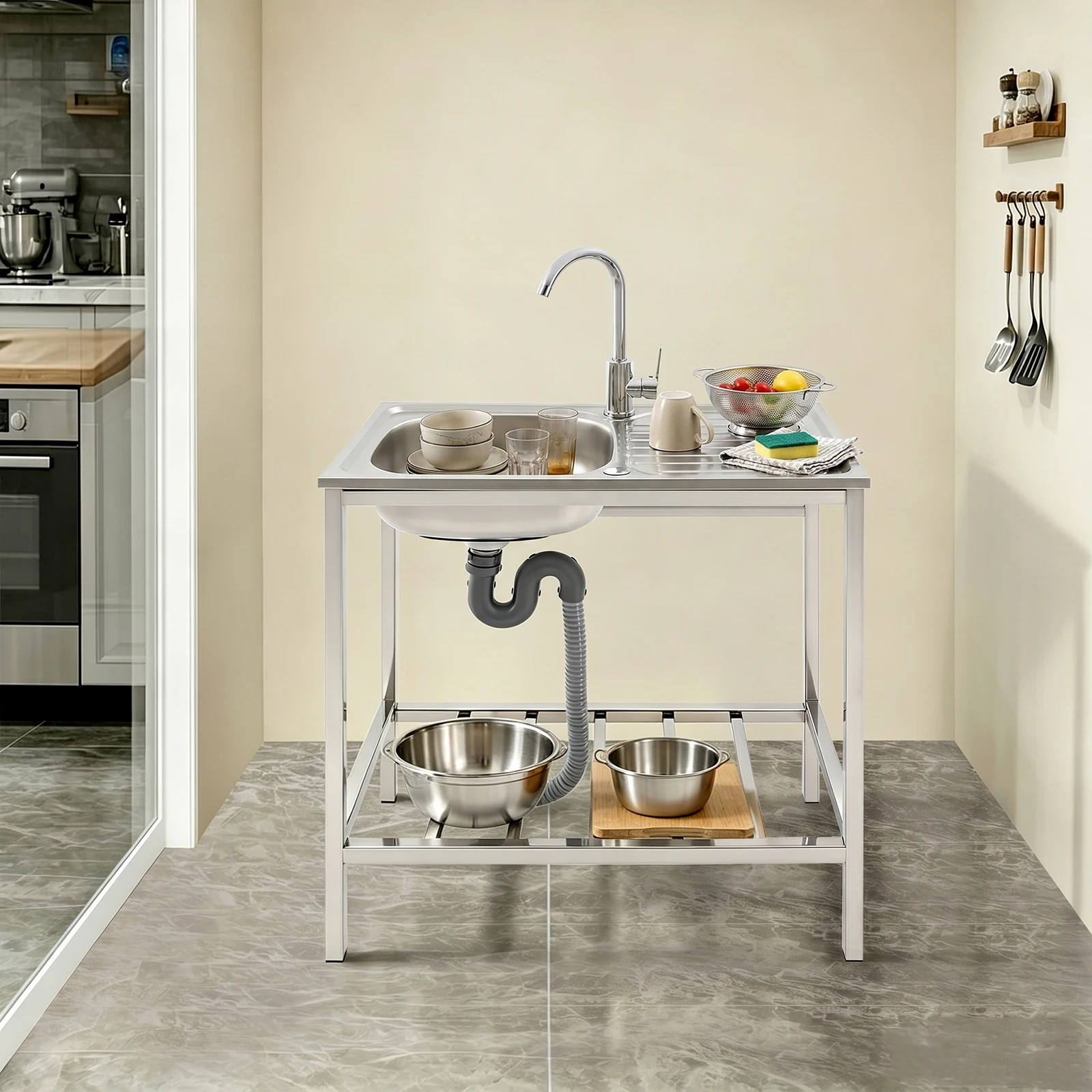 Free Standing Kitchen Sink with Operation Countertop And Bottom Shelf Single Bowl 360° Adjustable Faucet 29.5x15.7x29.5 in