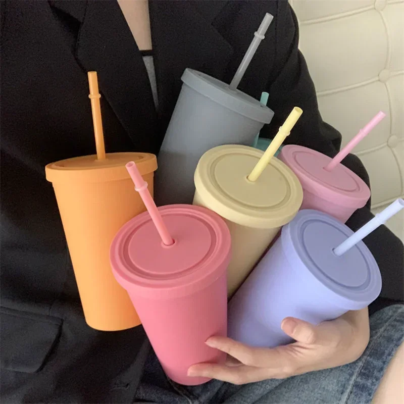 Double-layer Plastic Straw Cup Candy Color Coffee Cup Plastic Frosted Handy Water Cup Easy To Carry Straw Kettle Sports Bottle