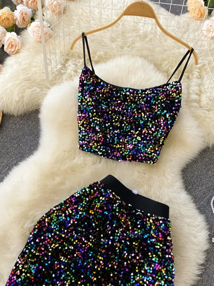 Women Europe The United States Summer Sequins Backless Suspenders Short Tops Waist Thin Skirt Two-piece Suit Female D0801