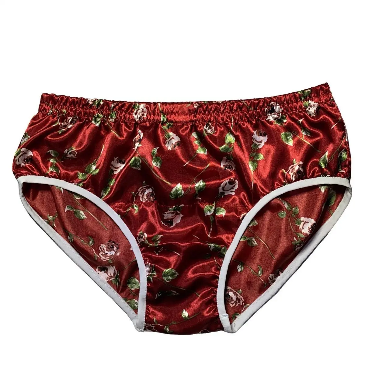 

Glossy Red Floral Print Sexy Ice Silk Underwears Panties Plus Size Briefs Lingeries Bottoms