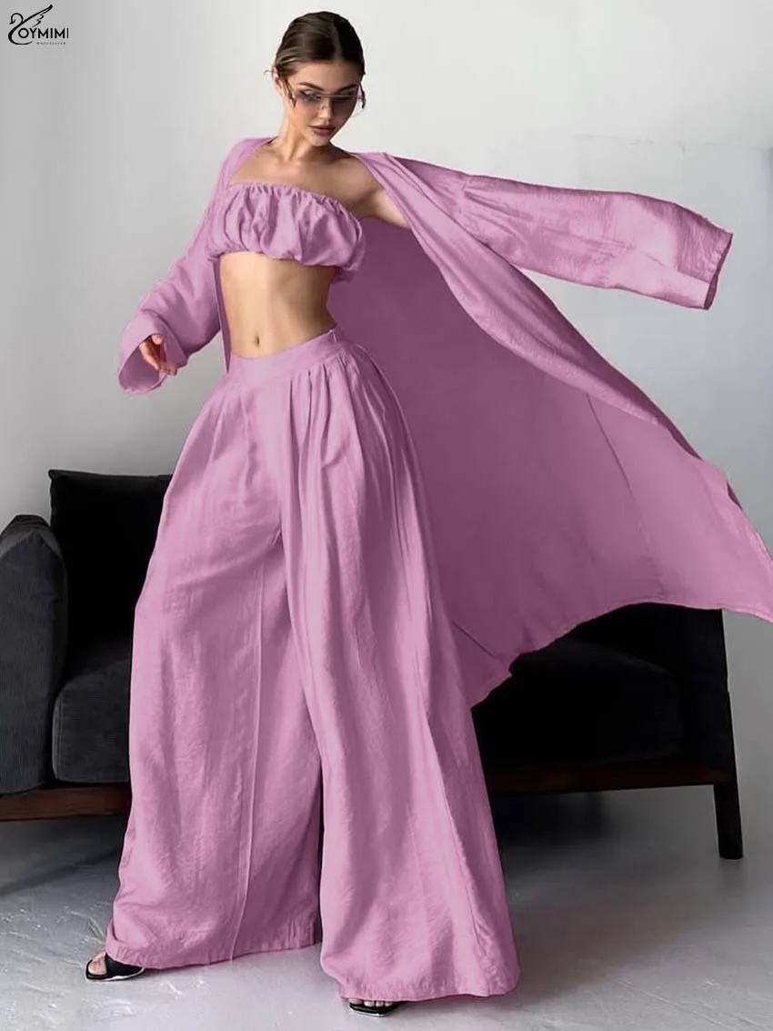 

Элегантный розовый свободный женский комплект Oymimi из 3 предметов: повседневные блузки с длинными рукавами, топы без бретелек и брюки.