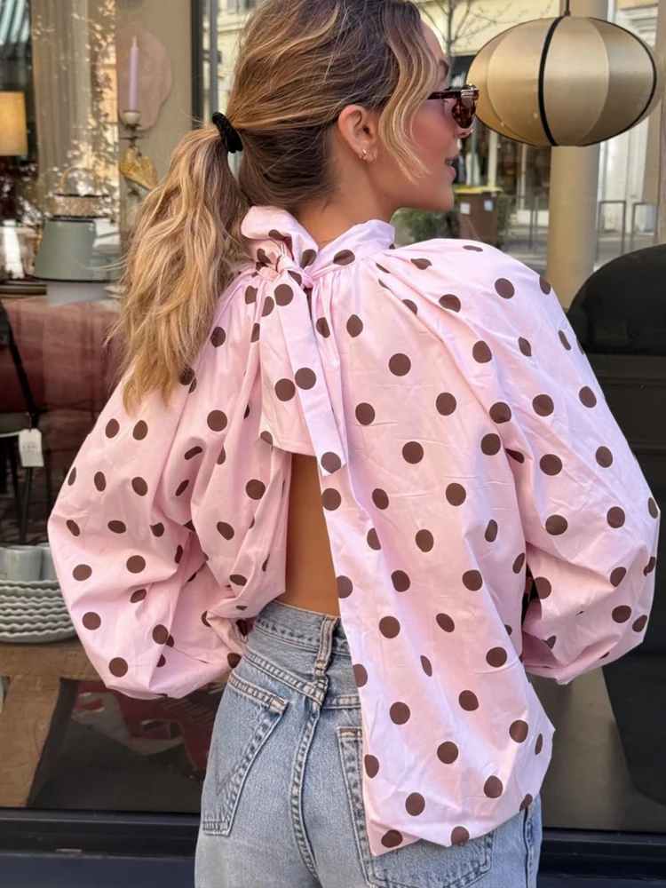 HH Women Elegant Polka Dot Bow Lace-Up Shirt 2026 Summer O-Neck Lantern Sleeve Backless Loose Blouse Female Casual Back Slit Top