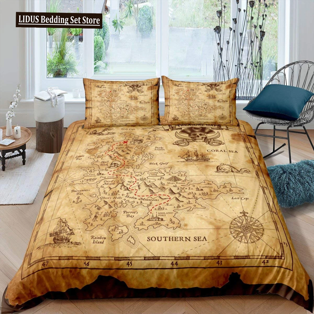 

Nautical Duvet Cover Set Boat Pirate Bedding Set King Size Retro Sailboat Brown Comforter Cover Anchor Compass Vintage Quilt Set