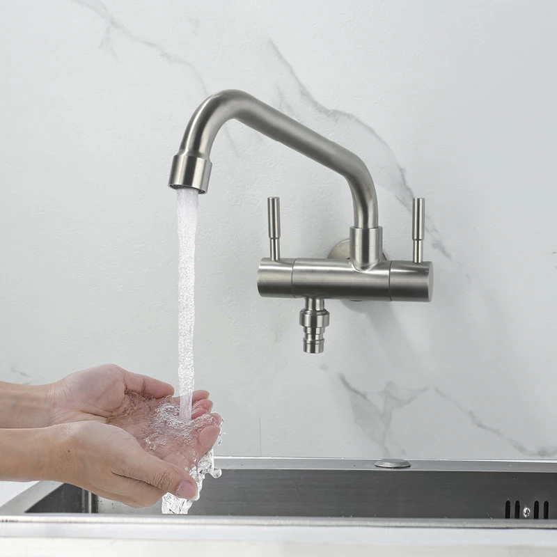 

Wall Mounted Double Handle Kitchen Sink Faucet Single Cold Rotatable Vessel Sink Faucet Modern Single Hole Sink Faucet Brushed