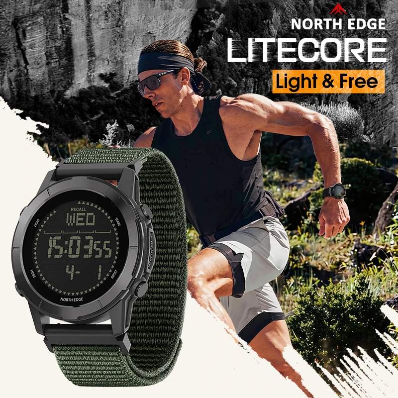 NORTH EDGE New LITECORE Men's Digital Watch Sports Super Light Outdoor Compass Pedometer 50M Waterproof Watch for Man Best Gift
