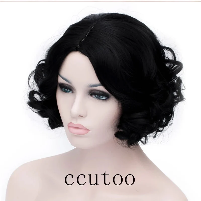 New 35cm Short Curly Black Synthetic Snow White Cosplay Wigs Heat Resistance Halloween Carnival Party Props