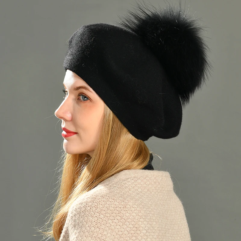 Women Beret Cap Real Big Fur Pom Pom Winter Knitted Wool Beret Natural Raccoon Fur Ball Hat Solid Color Top Quality Female Beret