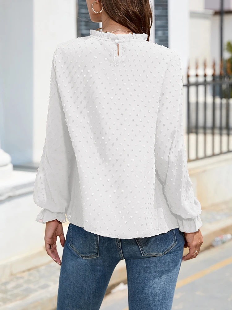 Chiffon Blouse Women Summer Jacquard Shirt Lady Loose Long Sleeve Top Female O-Neck White Blouse Fashion Casual Blusas De Mujer