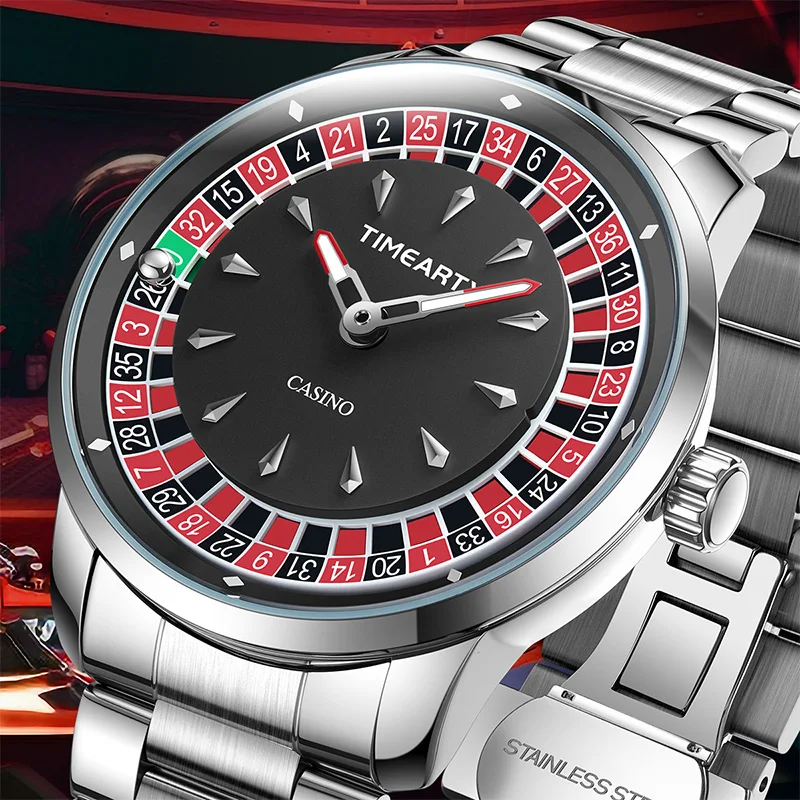 TIMEARTX Men's Watch New European Roulette Design Poker Game Fashion Quartz Movement Stainless Steel Wristwatch Father Day Gifts