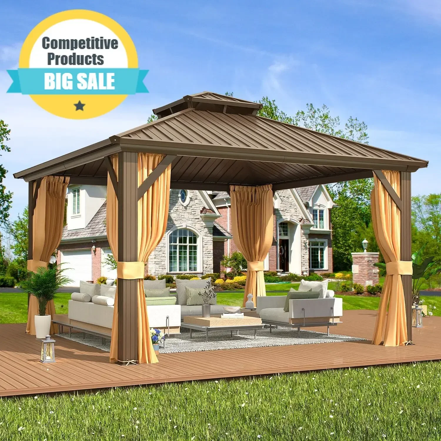 12' x 12' Hardtop Gazebo, Aluminum Frame Gazebos with Galvanized Steel Double Roof, Permanent Outdoor Metal Pavilion with Curtai