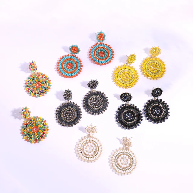 Pendientes Redondos de Cuentas de Colores Tejidos a Mano para Mujer, Pendientes Largos de Cristal Bohemios de Lujo, Joyería Bohemia para Regalo