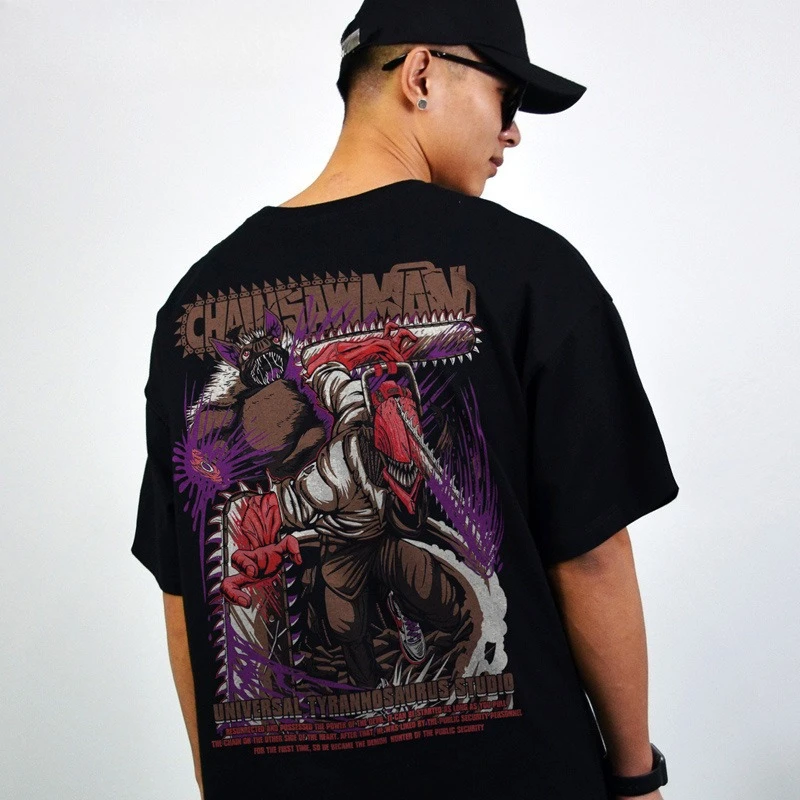 Camiseta de algodón de manga corta con articulación de animación japonesa para hombre con motosierra eléctrica de marca Tide, Camiseta holgada con estampado de Anime para verano