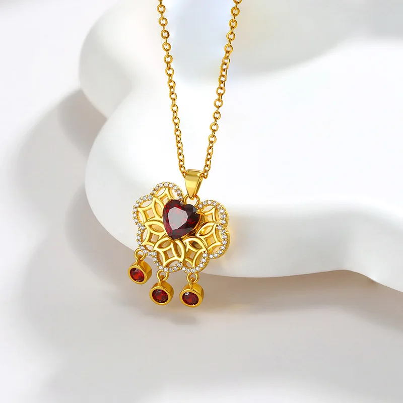

Dawn's Jewel 24K Gold-Plated Copper Alloy Hollow Ruyi Peace Lock Love Artificial Gem Pendant Retro Fashion For Women