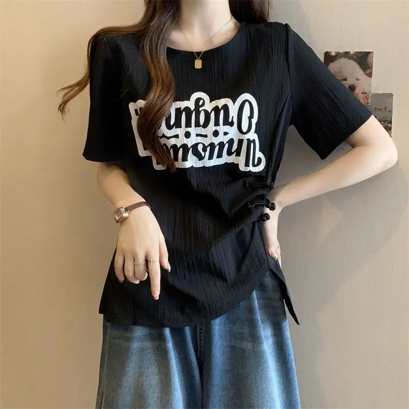 Women Summer Simplicity Loose Fashion Buttons O-neck Short Sleeve T-Shirt Women Clothes Casual All-match Appear Thin Trend Tops