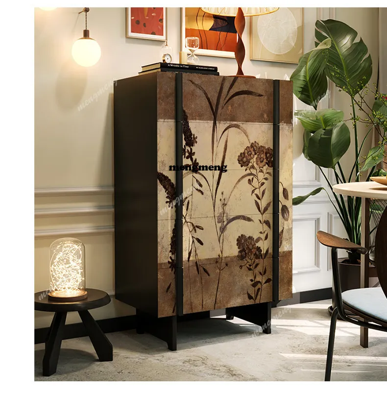 Retro new Chinese-style solid wood chest of drawers, bedroom storage cabinet, art pattern side cabinet, movable and customized.