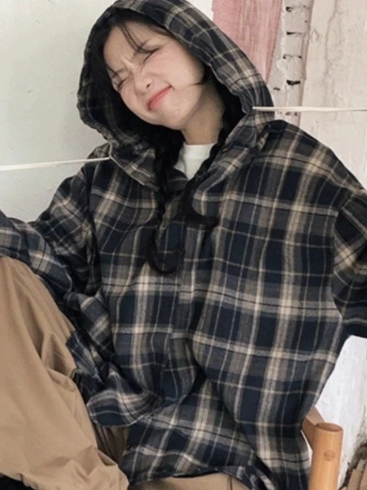 Retro Plaid Hooded Coat Women Spring Autumn New Korean Style Sweet Youth Loose Match Long Sleeve Lazy Style Top