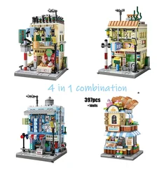 4 in 1 Mini City Street View Building Blocks Barber Shop Hardware Store Convenience Store Models Bricks Children Toys Gifts