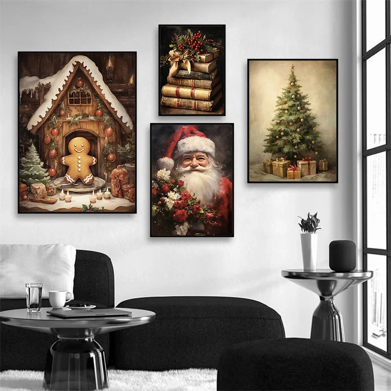 Vintage Holiday Christmas Winter Gingerbread Сottage Santa Claus Wall Art Posters Prints Canvas Painting for Room Home Decor