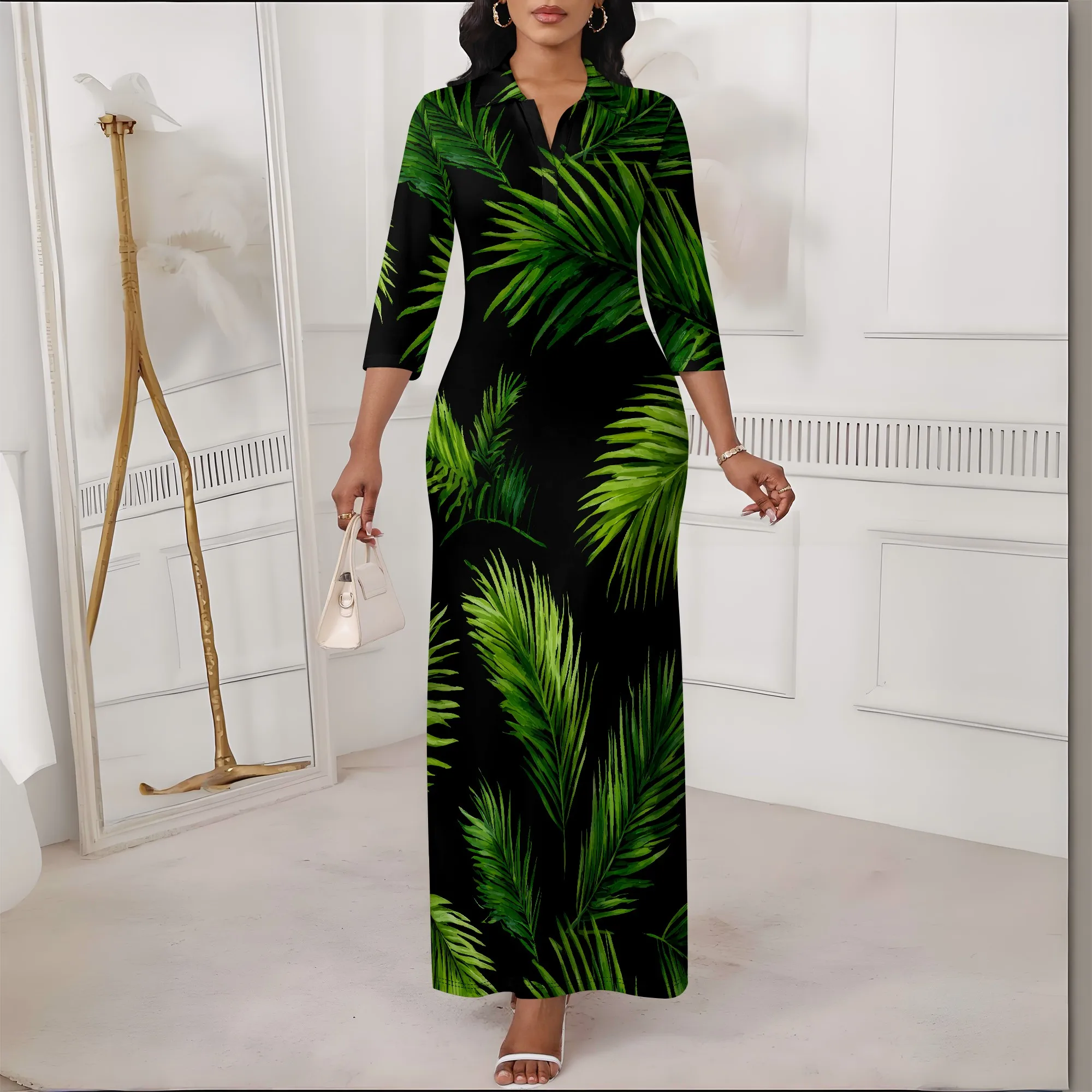 Abito casual maxi lungo da donna a maniche lunghe con scollo a V profondo e ampio