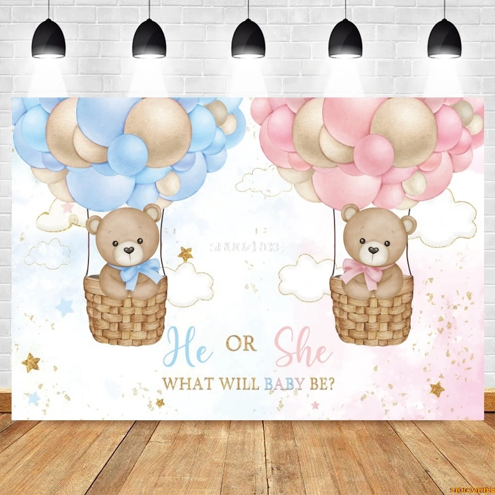 Gender Reveal Boy Or Girl Backdrop Blue Pink Elephant Bear Balloon He Or She Newborn Baby Shower Photography Background Decor