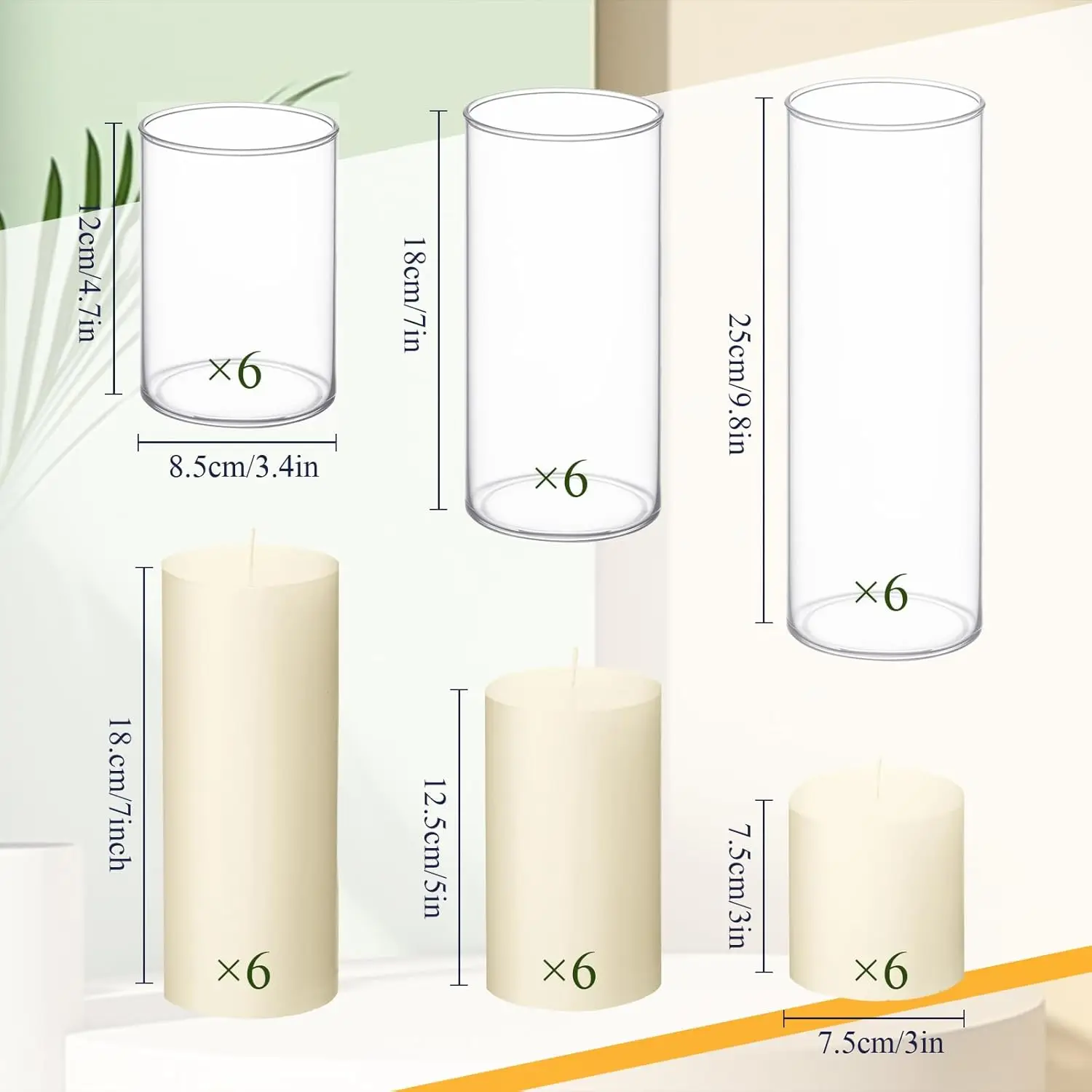 

36 Pcs Pillar Candles and Glass Cylinder Vases Tall Cylinder Holders, Total 18 Sets(3.4'' X 4.7", 7", 9.8",Clear,Ivory White)