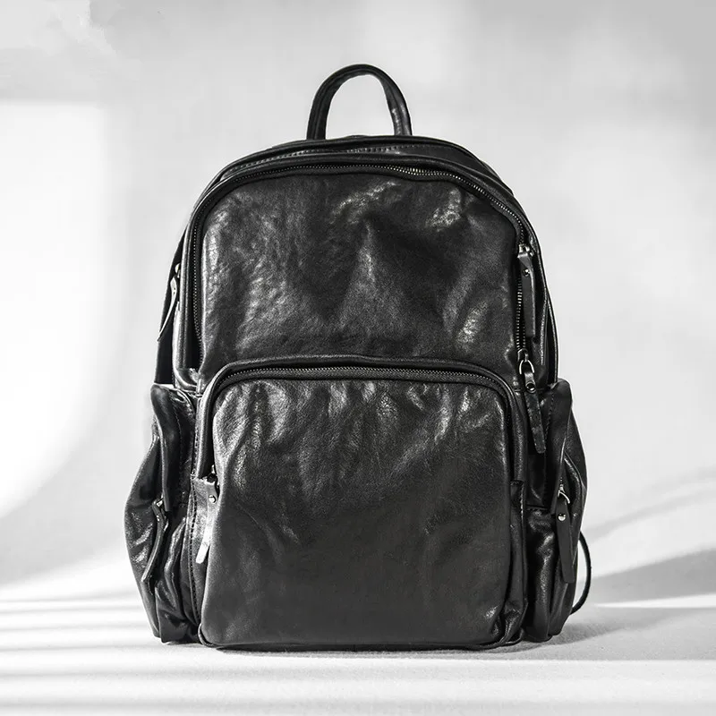 Genuine Leather Men's Backpack Large Travel Backpack Computer Bag Cowhide laptop Bag Casual Retro soft black Backpacks