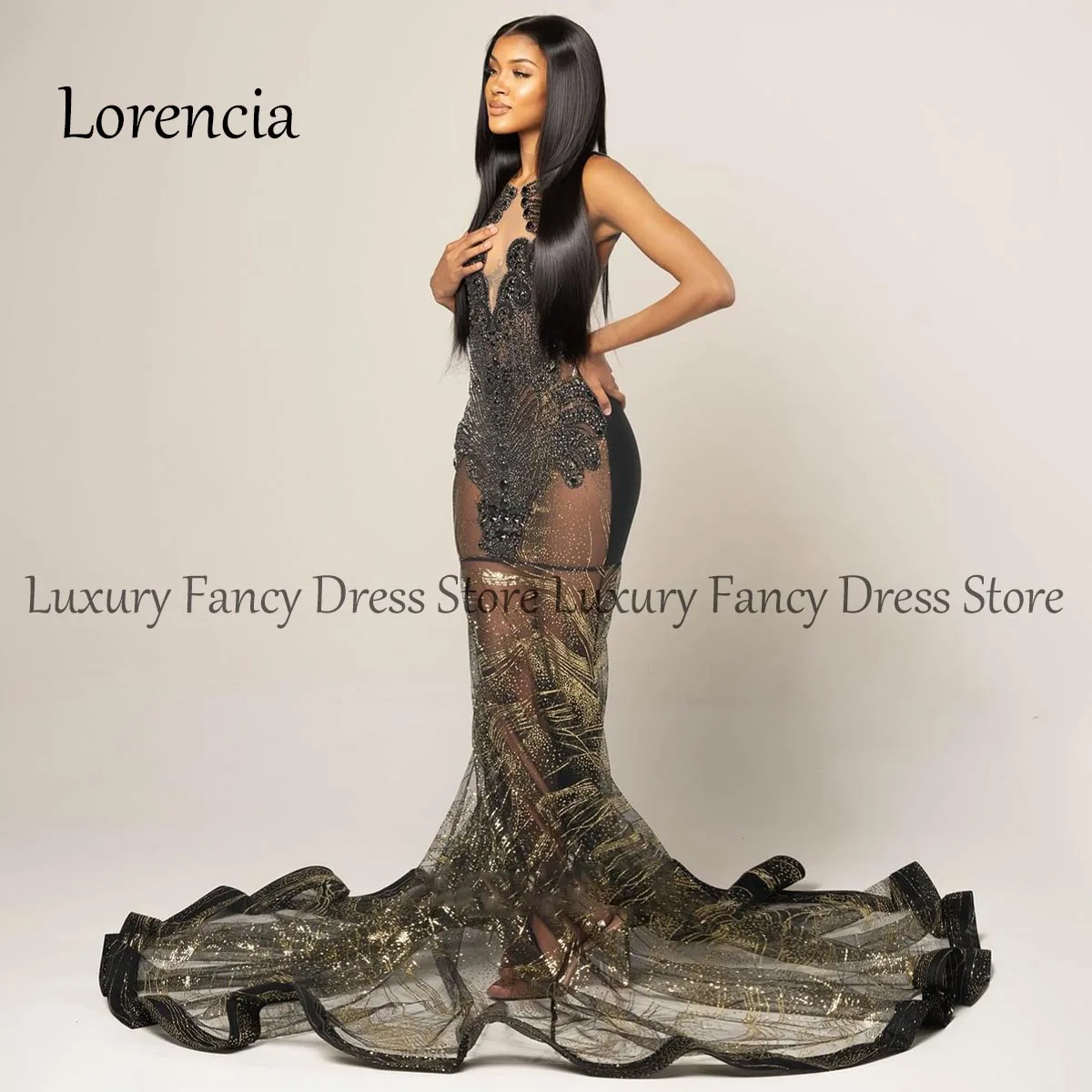 Customized Long Formal Mermaid Prom Dress Beads Crystal Sleeveless Lace Rhinestones Party Dress Birthday Wedding Robe De Bal