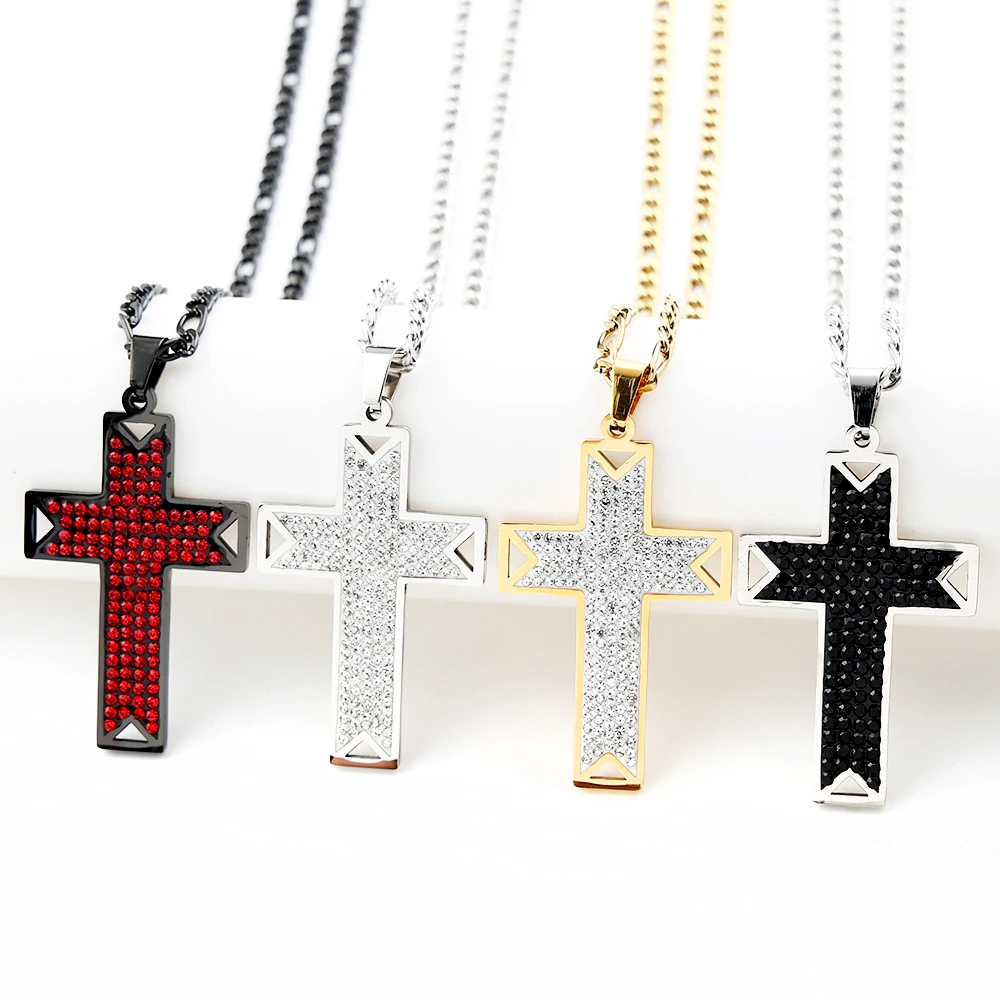 Christliches Kreuz Jesus Halskette für Frauen/Männer Silberfarben Strass Edelstahl Punk Kette Schmuck Colar Masculino 6512-QKC