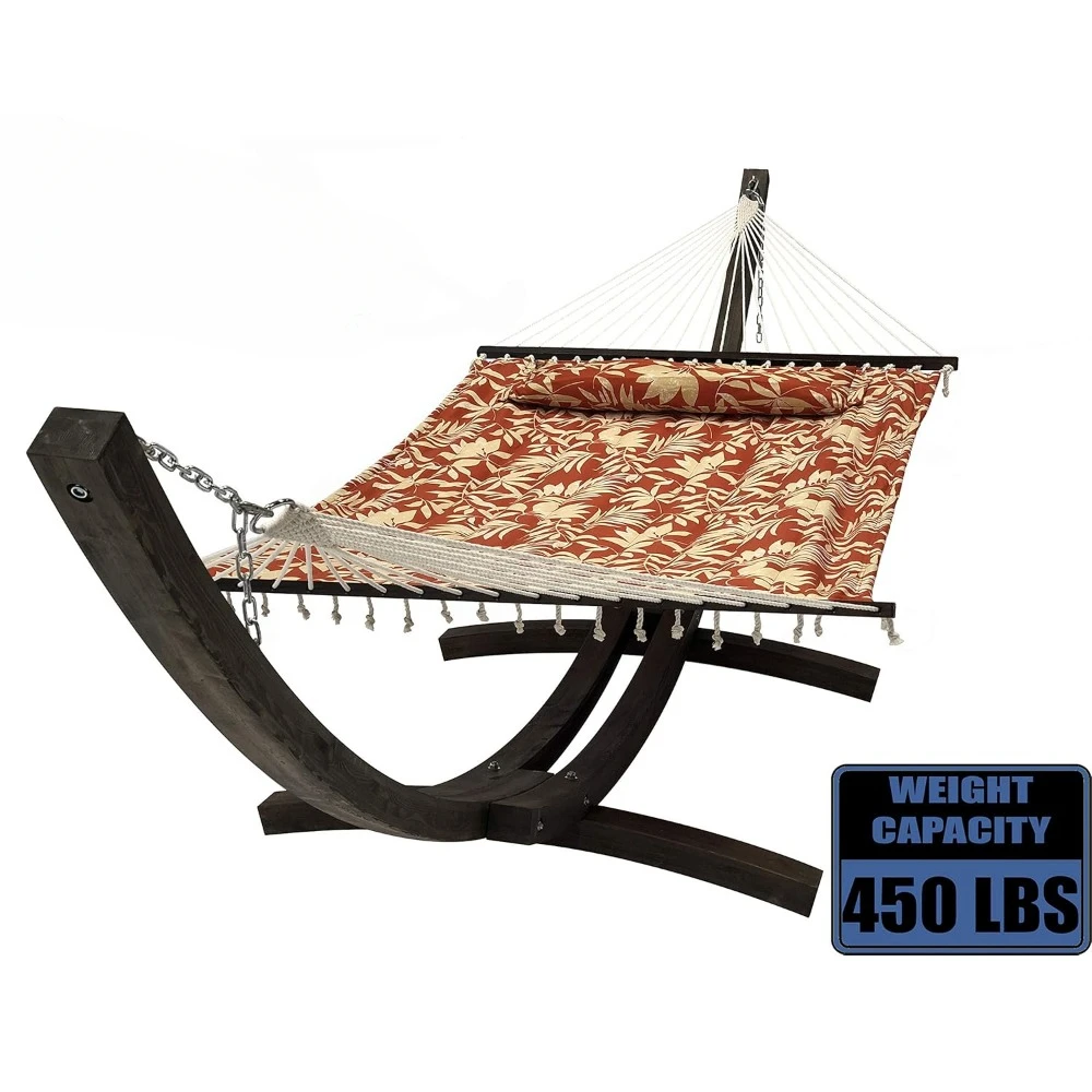 14 Ft. Wooden Arc Hammock Stand + Deluxe Quilted Double Padded Hammock Bed W/Pillow. 450 LB Capacity 2 Person Bed