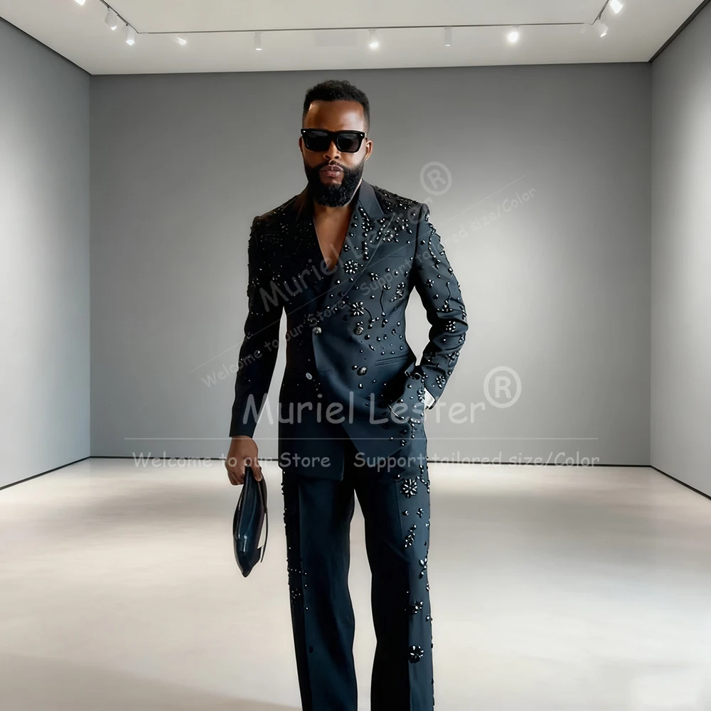

Gemstone Beaded Groom Wedding Suits Doubel Breasted Prom Blazers Customized Man Banquet Attire 2 Pieces Sets Men Stage Tuxedos