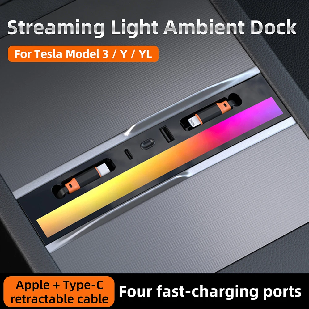 Console Charging Hub For Tesla Model 3 Model Y Juniper Model YL Center with Flowing Ambient Light USB Charger Charging Extension