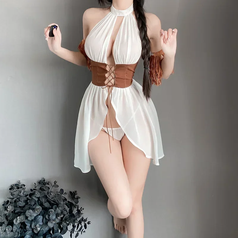 Western Cowgirl Cosplay Costume Front Open White Mesh Halter Dress with Brown Corset Waist Set Women Sexy Lingerie