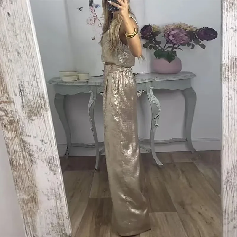 Spring Gold Bronzing Elegant Women\'s Sets Sexy O Neck Vest Top and High-waisted Pant Suits Summer Sleeveless Hollow Outfits 2pcs