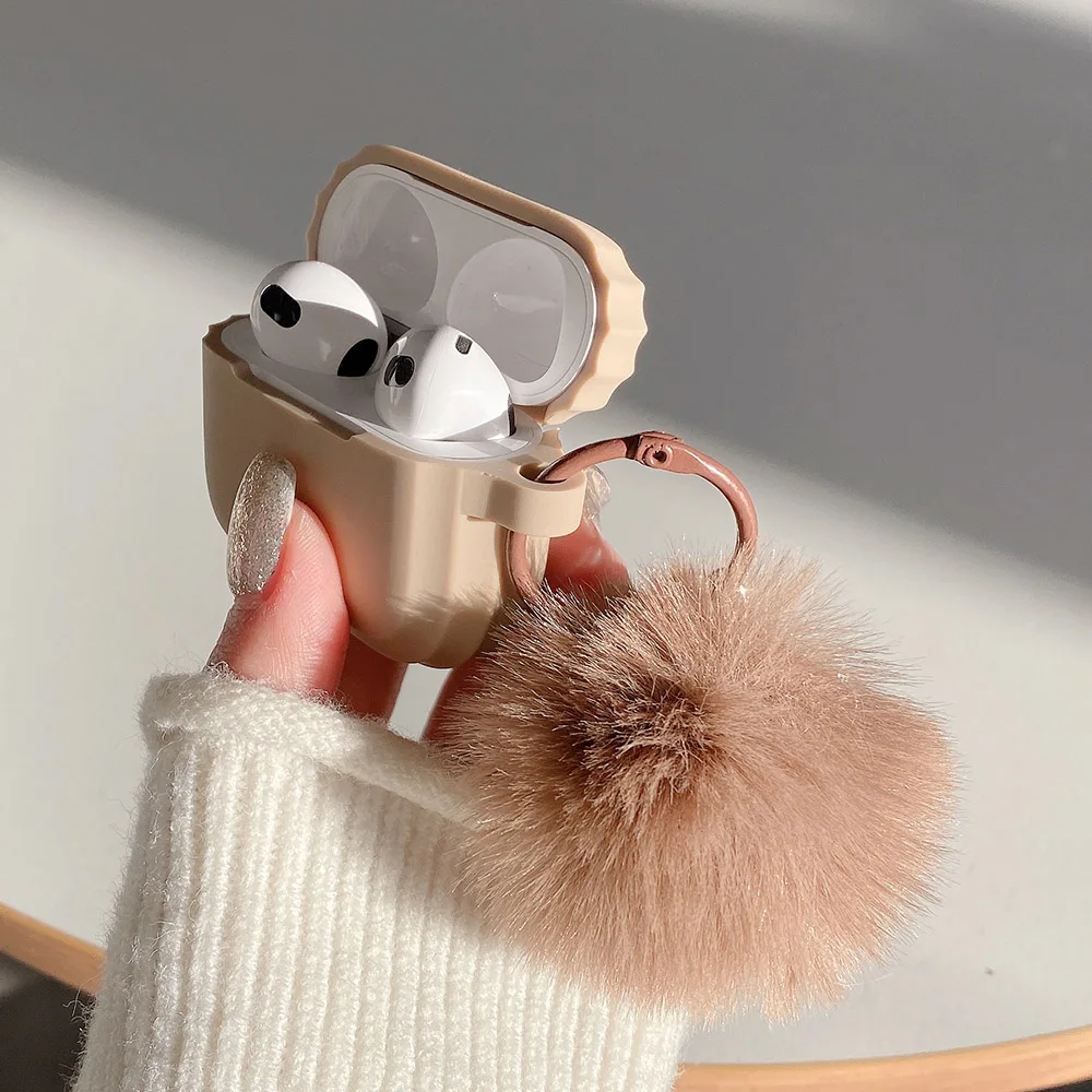 winter plush fluffy ball keychain square silicone earphone case for apple airpods 4 3 2 pro 2 charge box protection cover coque