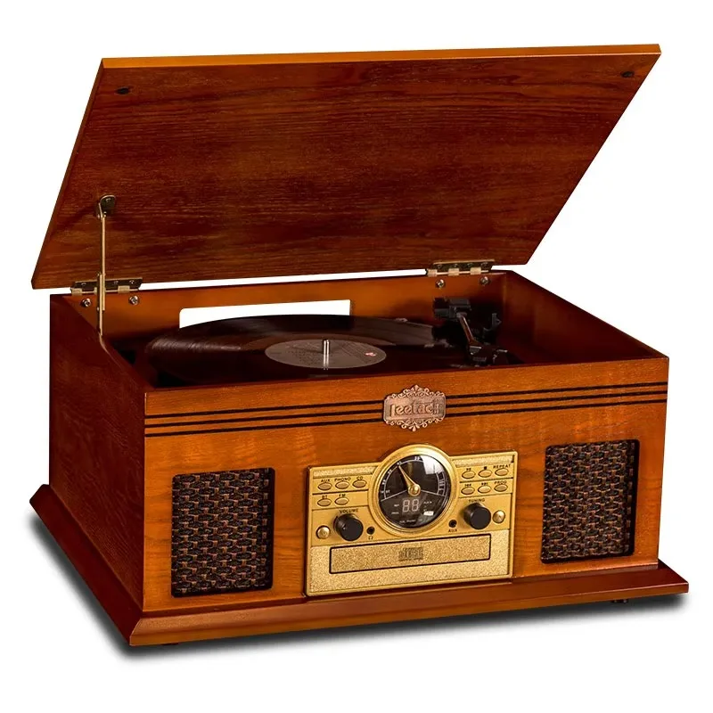 

High-quality multifunction phonograph Wooden stereo player Desktop player with BT and stereo speakers