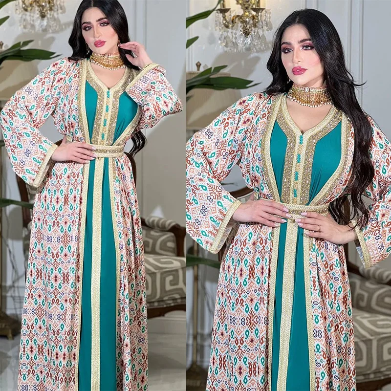 AB316 Muslim Apparel Saudi Dubai Women's Robe Two Piece Set with Light Luxury Diamonds and Hot Diamonds