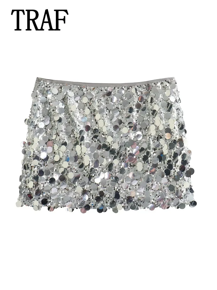 TRAF Sexy Sequin Mini Skirt Sexy Women Clothing Y2k Metallic Silvery Streetwear Streetwear Female Skirt Fashion Skirts Skirt