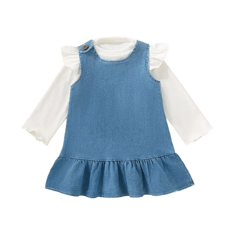 

Осенняя одежда для маленьких девочек, однотонные футболки с круглым вырезом и длинными рукавами, топы и джинсовые комбинезоны, платье, комплект одежды из 2 предметов