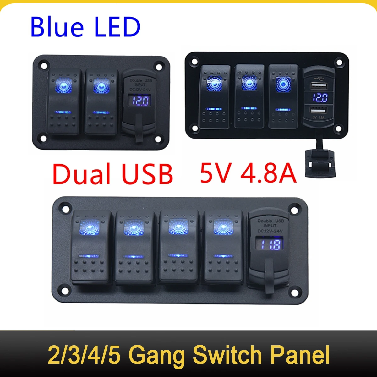 

Blue Rocker Switch Panel 4.8A Dual USB Charger LED Voltmeter Marine Switch Panel for Car Boat Trucks RV Camper 12V 24V