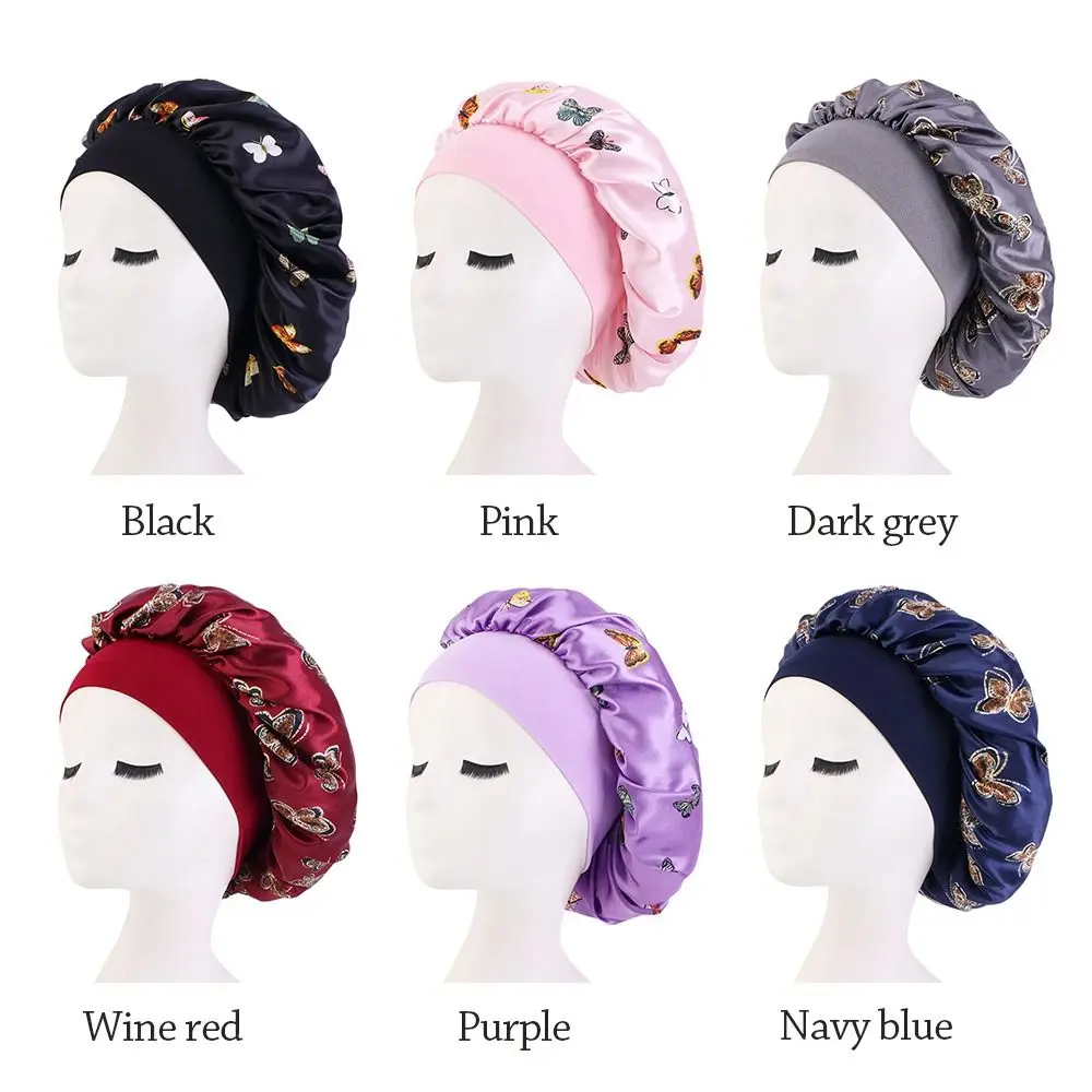 Fashion Butterfly Print Sleeping Cap Satin Hair Care Turban Hat Washing Face Skin-caring Night Cap for Women