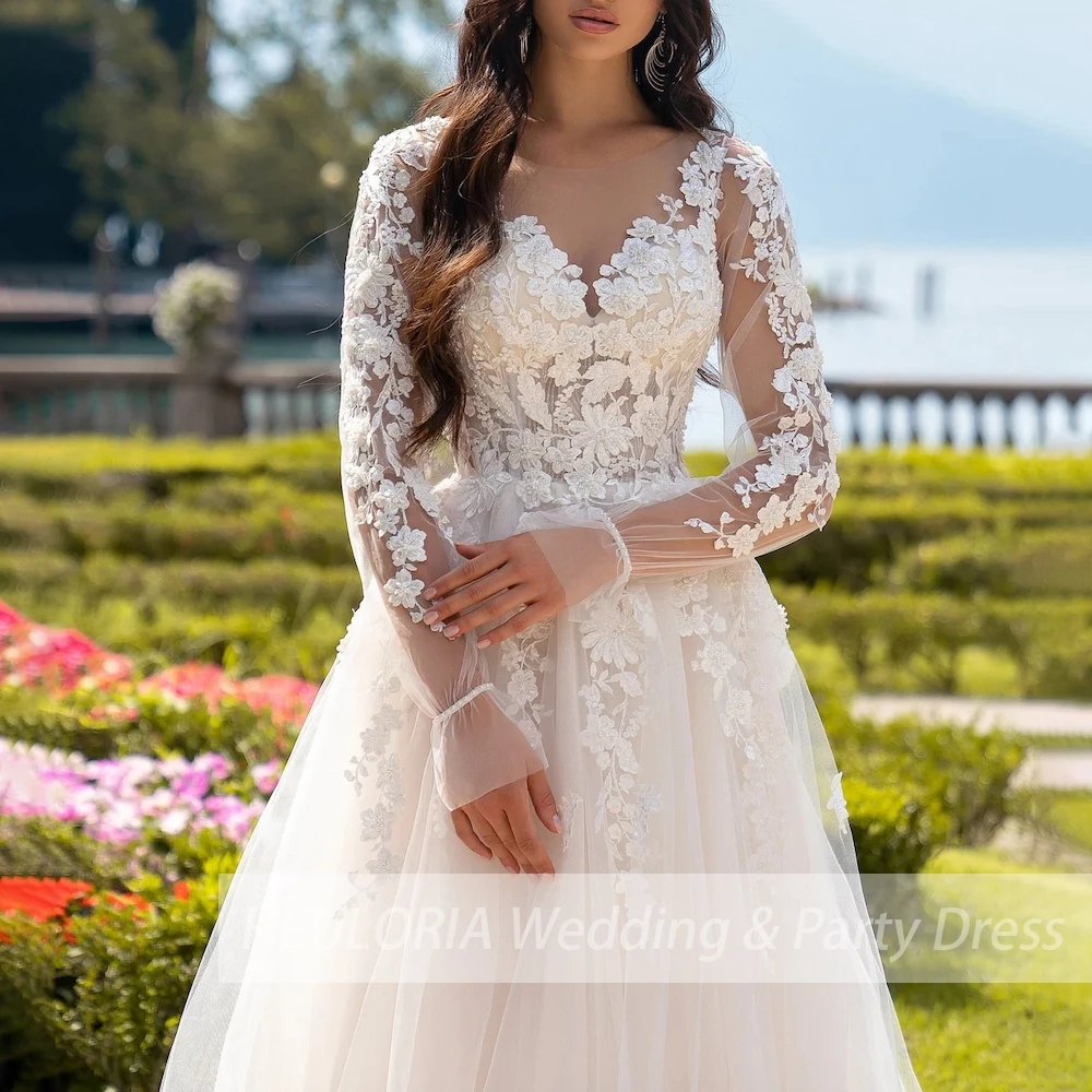 Elegante vestido De novia De manga larga con cuello en V, apliques De encaje, vestido De novia