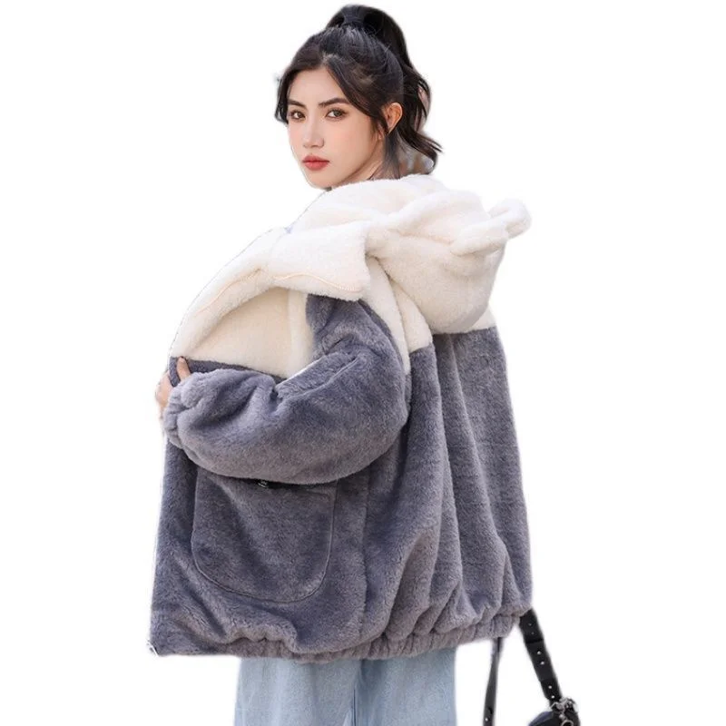 

Women Autumn Winter One Cashmere Lambswool Hooded Wool Loose Coat Female Thick Cashmere Small Fragrant Wind Polar Fleece Jacket