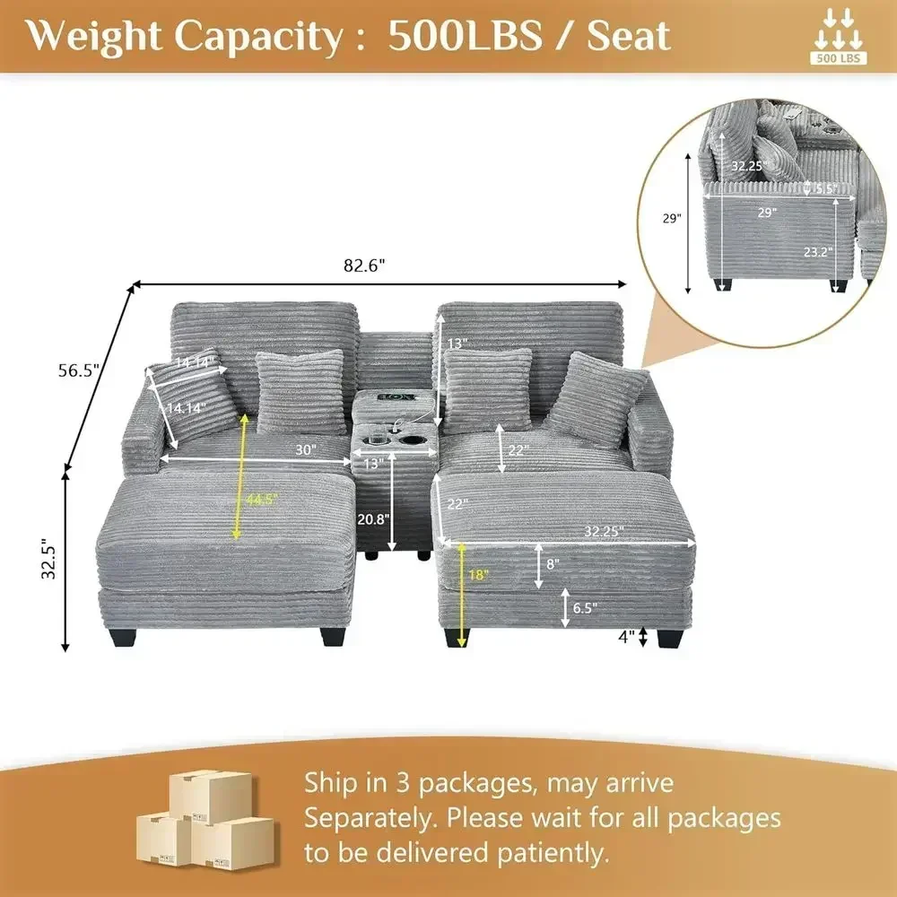 Indoor Oversized Chaise Lounge with Storage, USB, Cup Holder, Ottoman, and Corduroy Upholstery - Light Grey