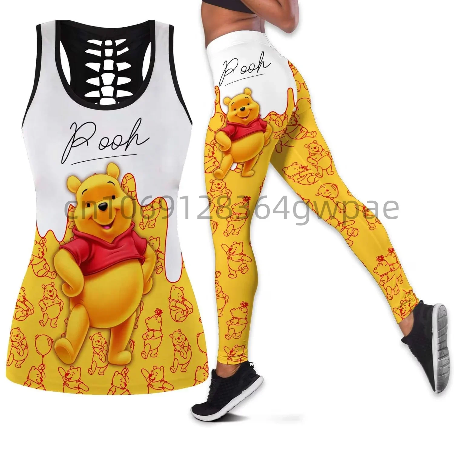 Disney Kubuś Puchatek Damski podkoszulek z wycięciem Legginsy Zestaw do jogi Letni dres fitness Hollow Tank Top Legginsy Zestaw