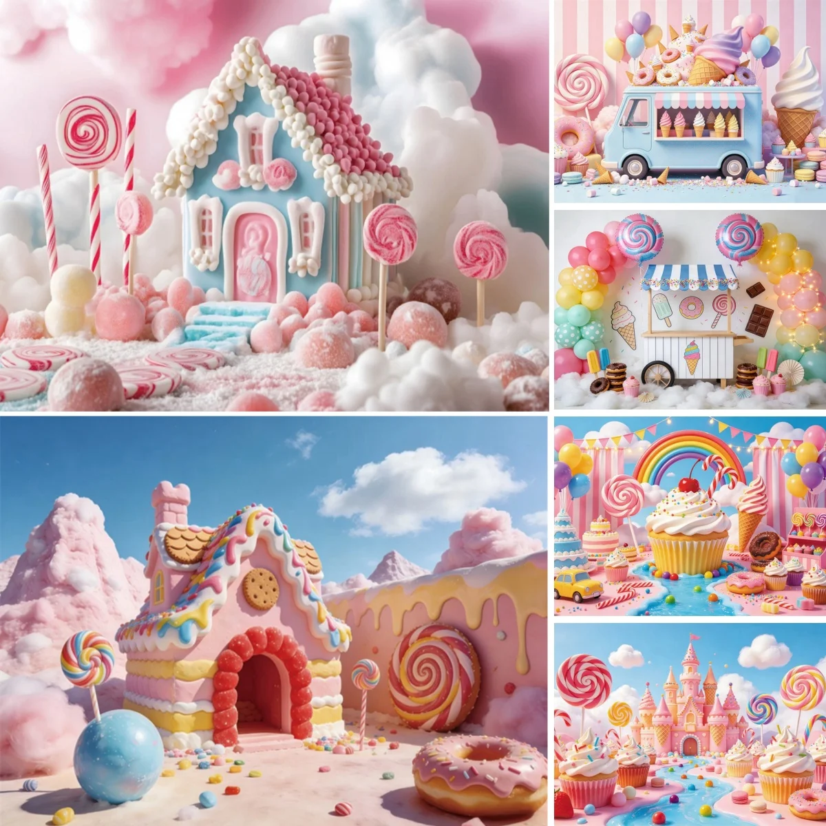 Dessert Shop Photographic Backdrop Ice Cream Castle Lollipop Donut Banner Pink Dream Kingdom Kids Portrait Background Photo Zone
