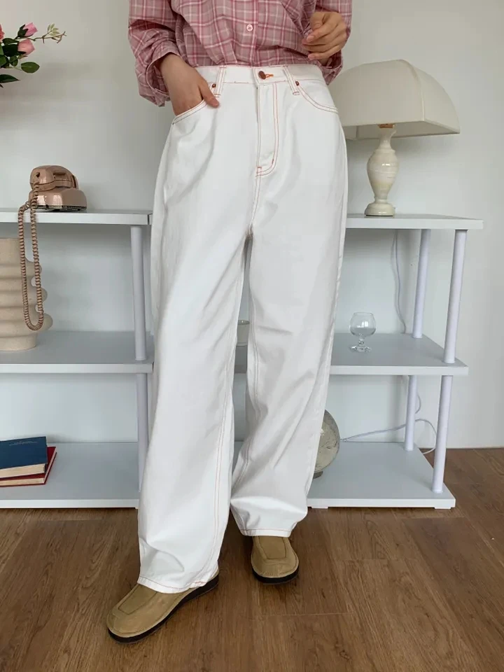 

Retro High Waist Loose Straight Knot Embroidery Denim Pants Women Sweet Style Long Leggings Trendy Ins Pure Color