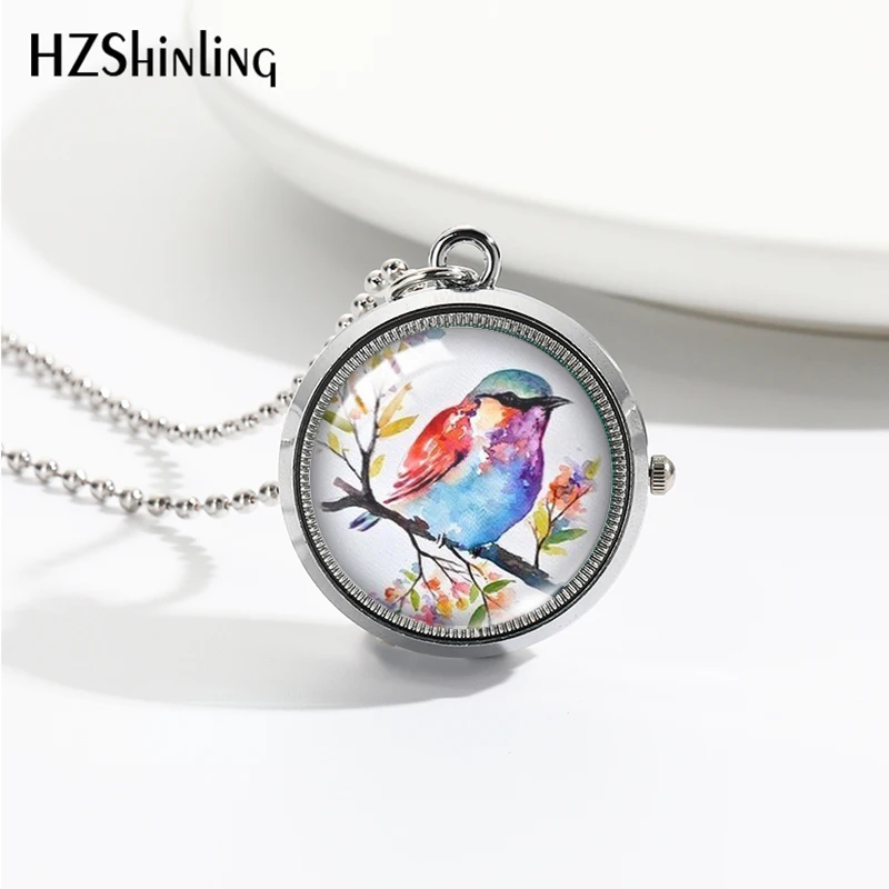 2023 New Cartoon Birds Rotate Pocket Watch Round Glass Cabochon Handcraft Necklace Pendants for Women Men